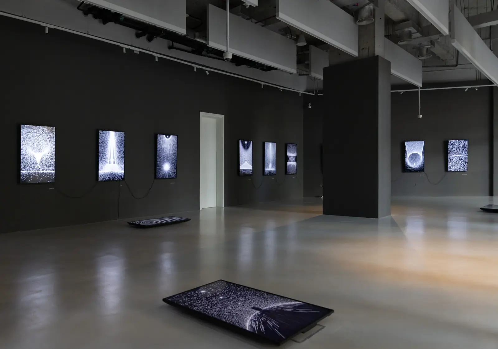 Grey gallery with portrait screens on the walls and a screen laid on the floor