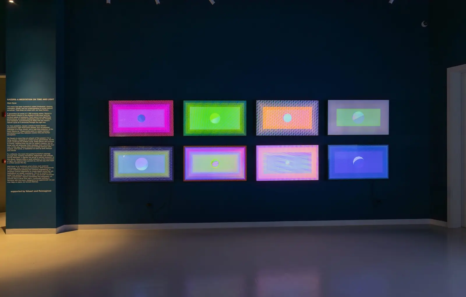 Eight colourful screens showing lunar phases